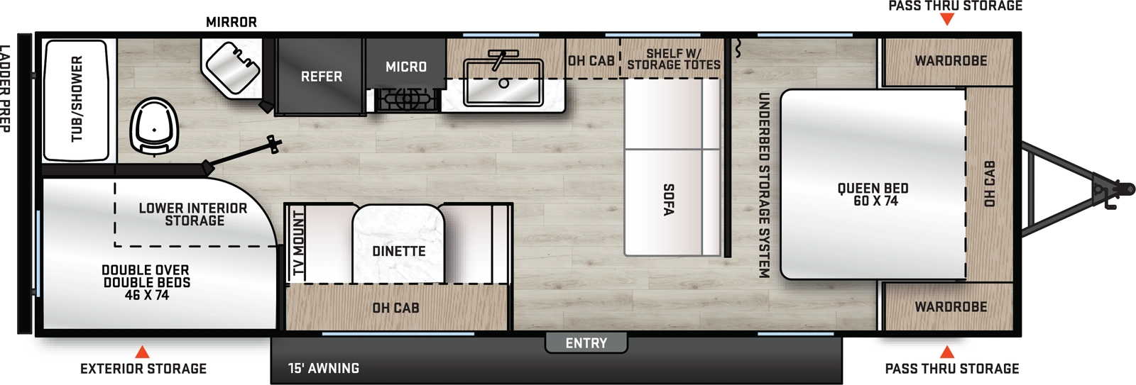 The Aurora 26BH floorplan has one entry and zero slide outs. Exterior features include: metal exterior and 15' awning. Interiors features include: bunk beds and front bedroom.